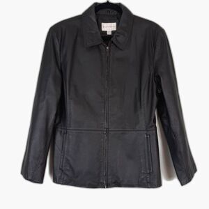 Worthington Genuine Leather Jacket Women XL Black Zip Front Classic Career Coat